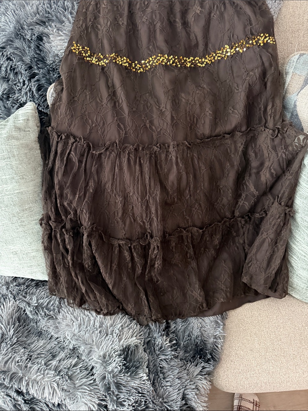 Cache Brown Tiered Lace Skirt with Gold Beaded Trim